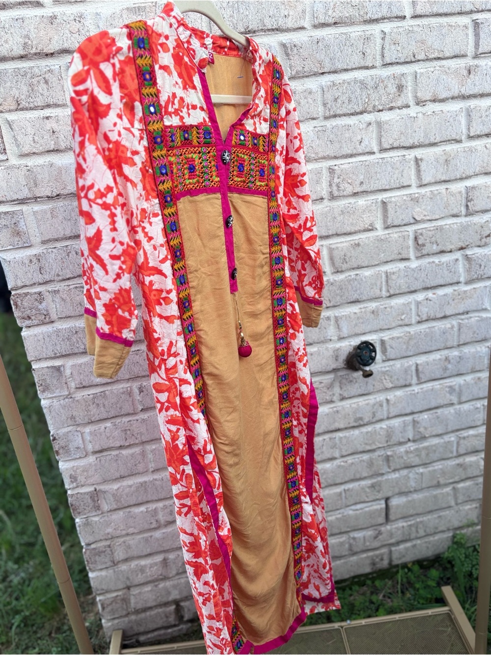 South Asian Embroidered Kurta Tunic Cover Up Boho Orange Pink Mirror Work XL